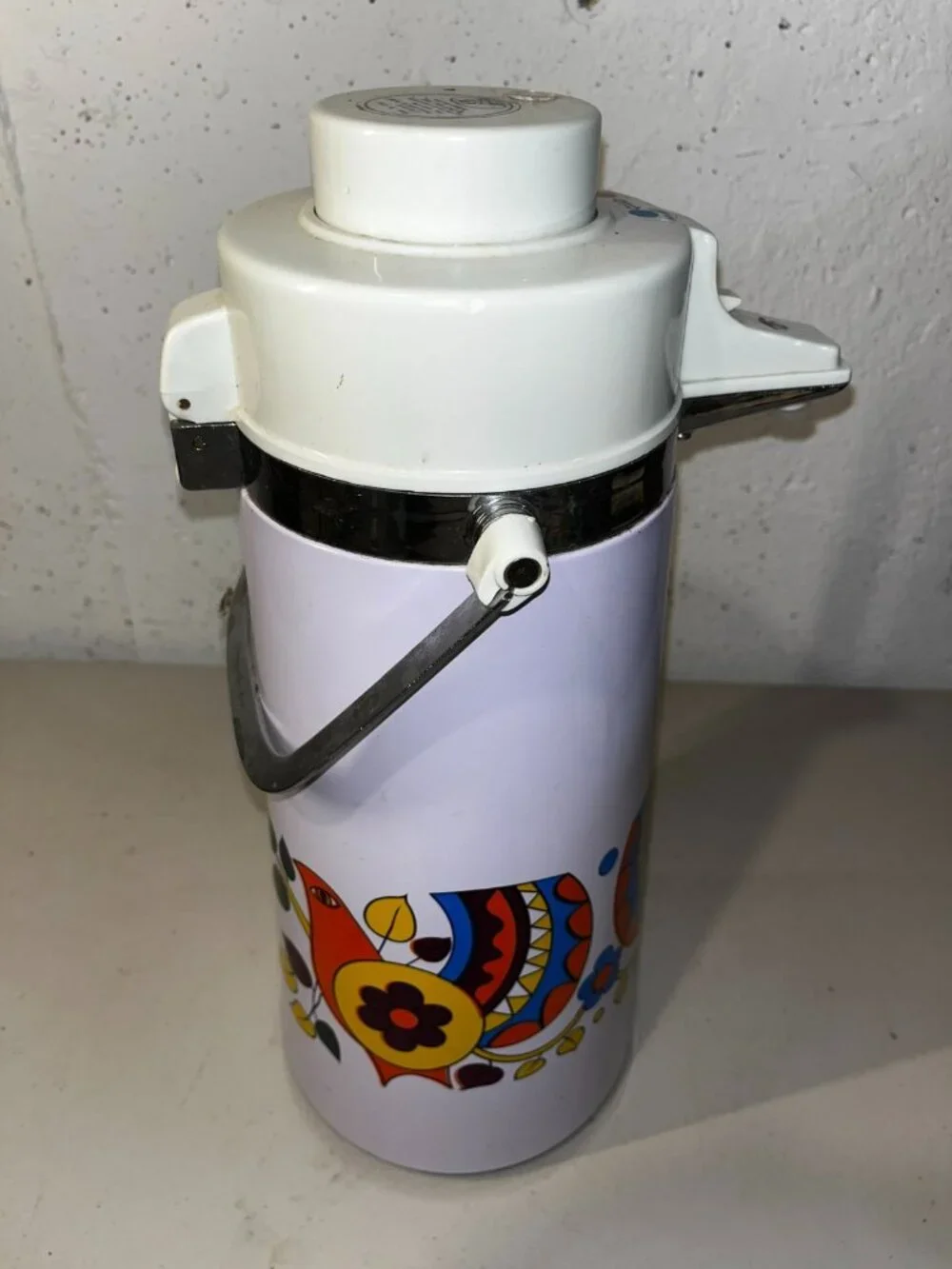 Vintage Air Pot Vacuum Thermos Pump Drink Dispenser MCM Colorful Partridge Birds